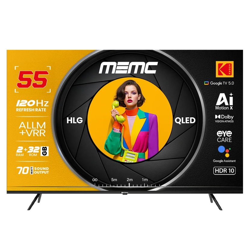 KODAK MotionX 139 cm (55 inch) QLED Ultra HD (4K) Smart Google TV 2025 Edition with 70W Sound Output | 4 Speaker | 550 Nits Brightness | Precise Dimming | HDR10+ | Dolby Atmos | Dolby Vision | 120 Hz Refresh Rate | HLG | ALLM & VRR | Eyecare | Google Assistant | Bezel Less Design  (55MX8888)